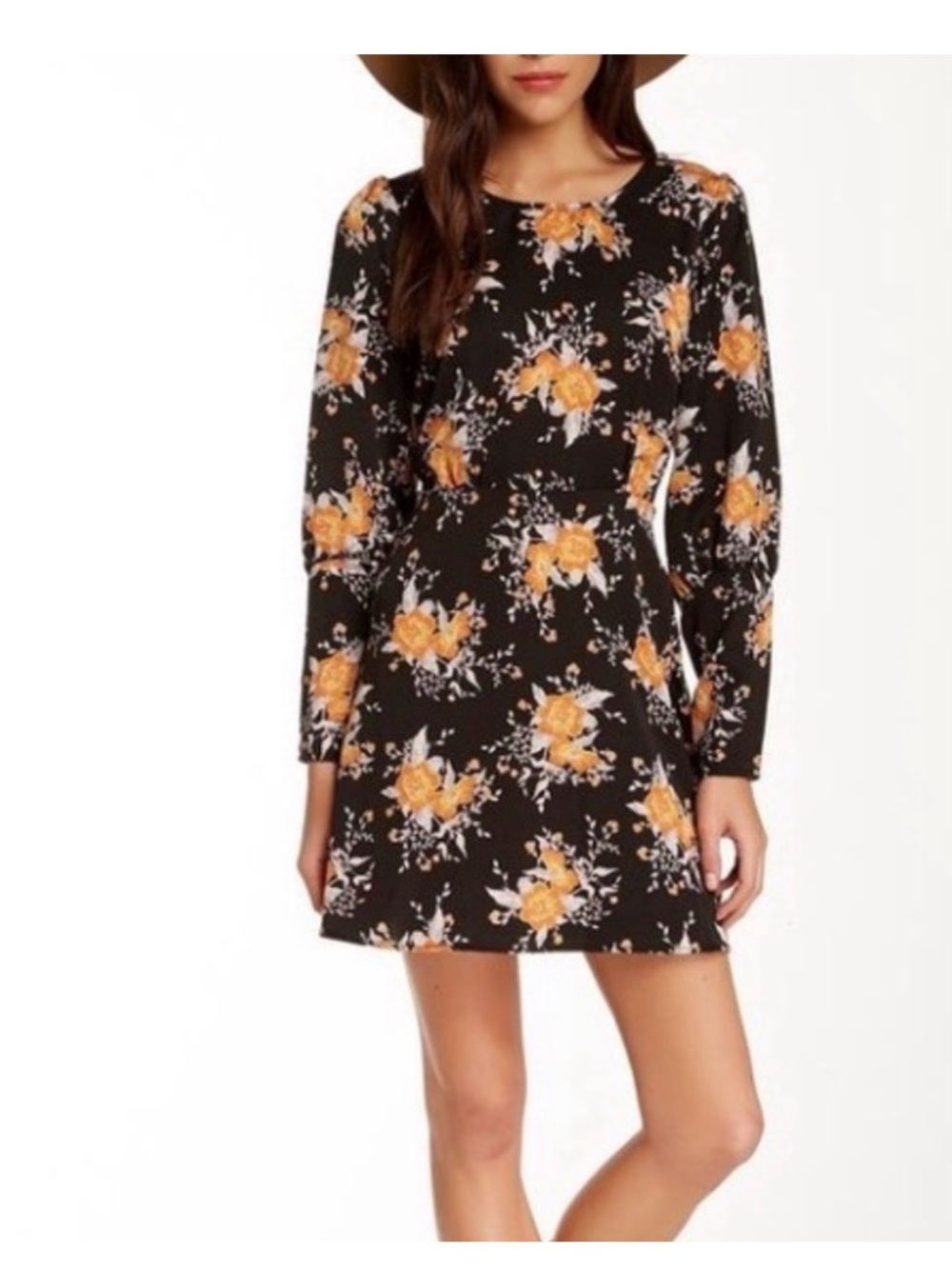 Free People Black Long-Sleeve Floral Shift Dress with YellowOrange Roses